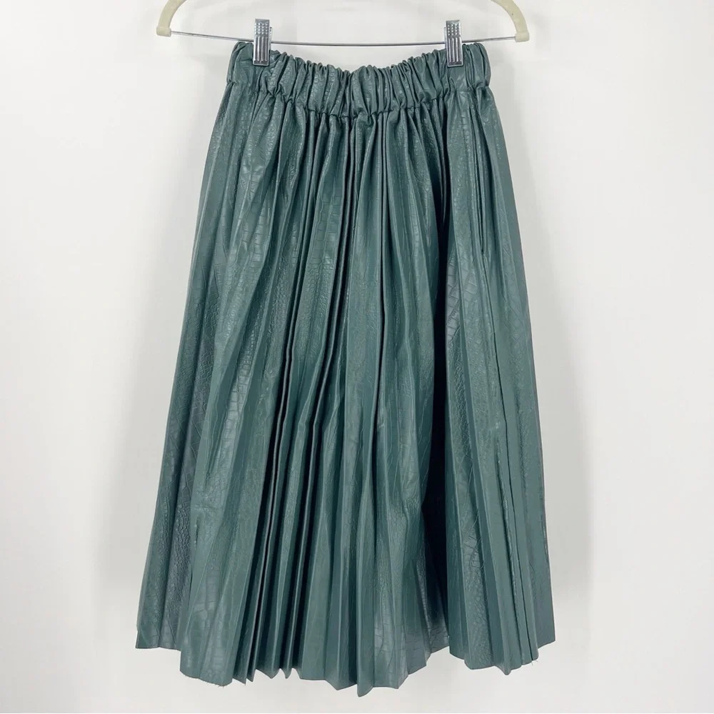 NWT Buru Faux Croc Pleated A-Line Skirt with Pockets XS/S Teal Spring Party